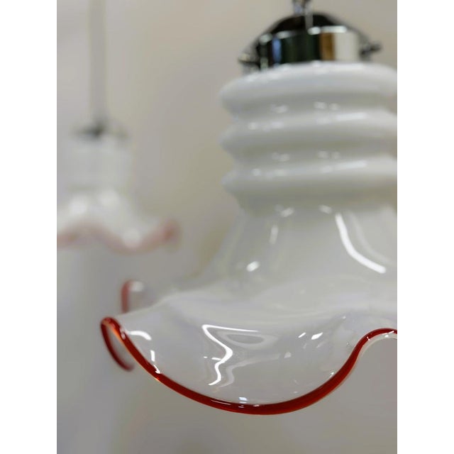 Italian Murano Glass Pendant Lamps with Red Trim, Italy, 1970s, Set of 2 For Sale - Image 6 of 12