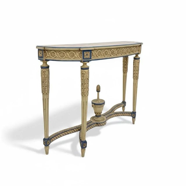 Wood Italian Neo-Classic Maison Jansen Style Carved & Painted Console Tables - Pair For Sale - Image 7 of 7