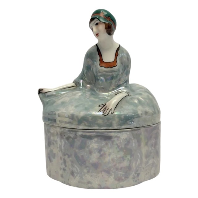 1930’s Noritake Lusterware Art Deco Lady Powder Box Vanity Dresser Jar (A-17). For Sale