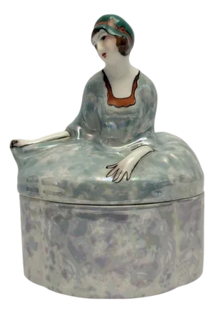 1930’s Noritake Lusterware Art Deco Lady Powder Box Vanity Dresser Jar (A-17).