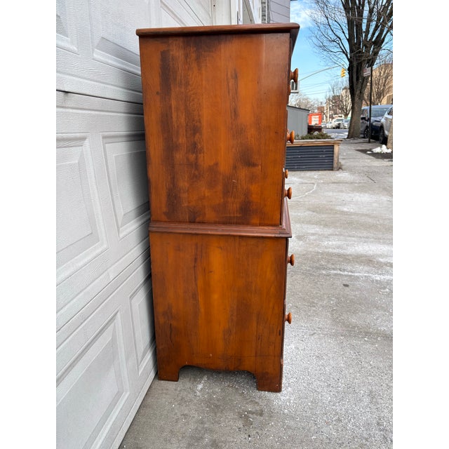 Colonial Revival Chest of Drawers | Vintage Early American Style Solid Wood Dresser | Farmhouse Traditional Bedroom Storage | Wood High Boy For Sale - Image 4 of 12