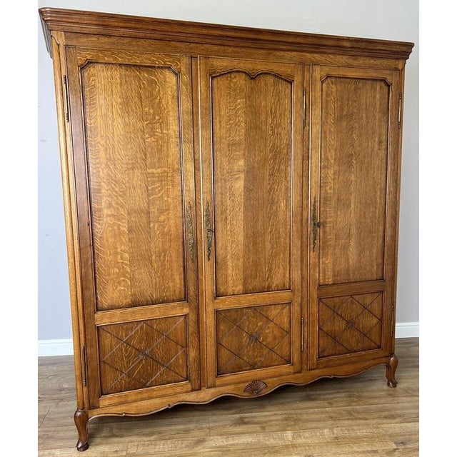 Vintage Louis XVI French Three Door Oak Carved Armoire For Sale - Image 13 of 13