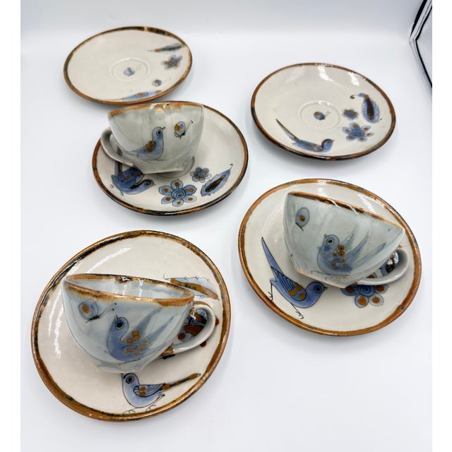 1960s Ken Edwards 1960s El Palomar Tonala Coffee Tea Cups & Plates Mexico Folk Art Pottery - Set of 8 For Sale - Image 5 of 13