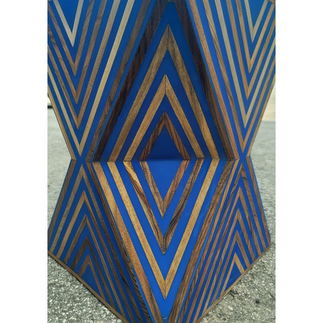 Contemporary Traditional Moroccan Resin and Walnut Wood Stool / Blue Hourglass Silhouette For Sale In Orlando - Image 6 of 7