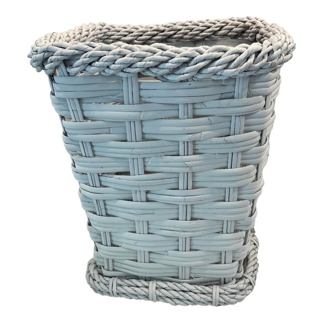 Vintage White Woven Wicker Waste Basket For Sale