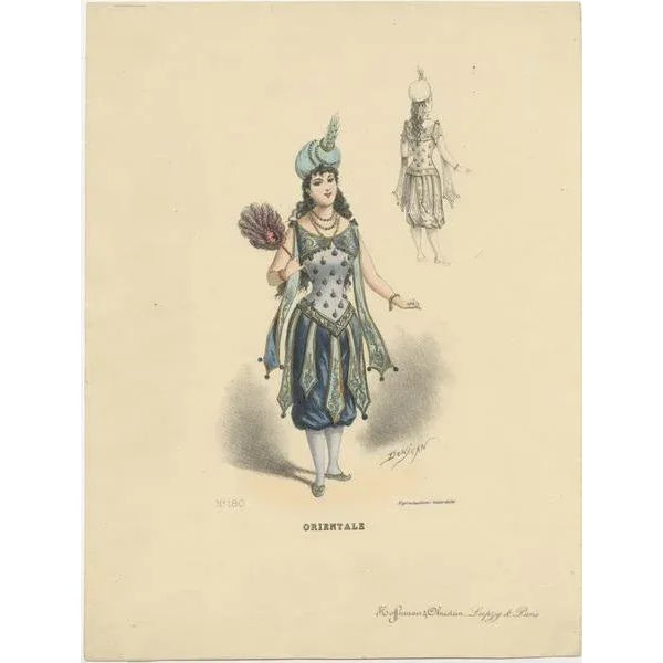 Antique print titled 'Orientale'. Original old print of a woman in Oriental costume. Signed Donjean. Published circa 1895.