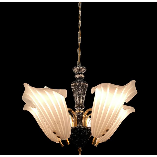 Elegant Murano Glass Leaf Chandelier Features 5 Hand Blown Murano Shades Brass Frame with Black Resin Center Pieces Height...