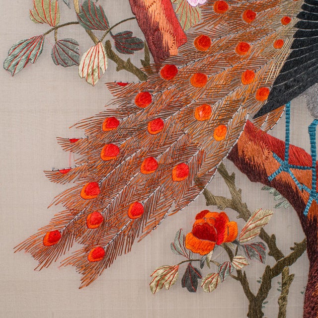 Tall Pair of Vintage Bird Embroideries, Oriental, Framed, Wildlife Art, c.1980 For Sale - Image 11 of 12