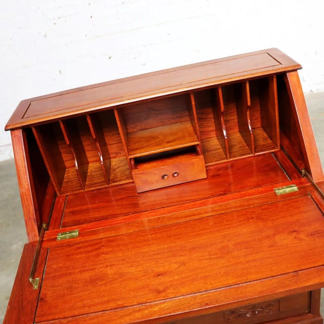 Vintage Asian Desk Teak Hand Carved Drop Front Compartmentalized Style of George Zee For Sale - Image 10 of 13