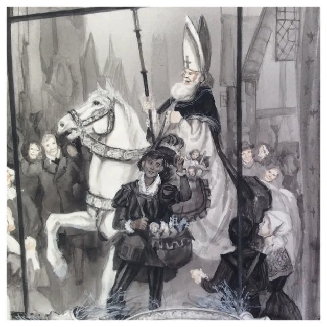 Figurative Vintage Illustration Art Painting, Saint Nickolas, Christmas Card Art, Signed For Sale - Image 3 of 6