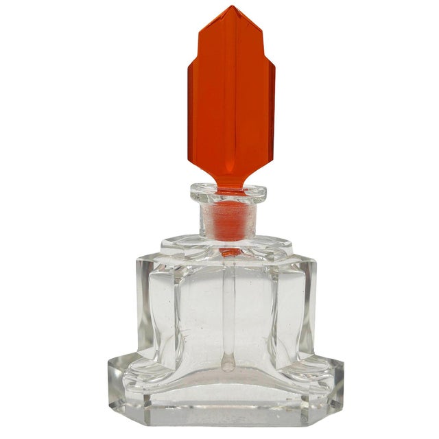 Art Deco 1930s Art Deco Karl Palda Style Geometric Crystal Perfume Bottle W/ Coral Red Stopper For Sale - Image 3 of 9