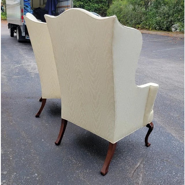 Pair of Southwood Queen Anne Wingback Chairs in Ivory Damask For Sale - Image 12 of 15