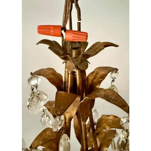 Mid 20th Century Hollywood Regency Gilt Tole Leaf & Crystal 5-Light Chandelier For Sale - Image 10 of 12