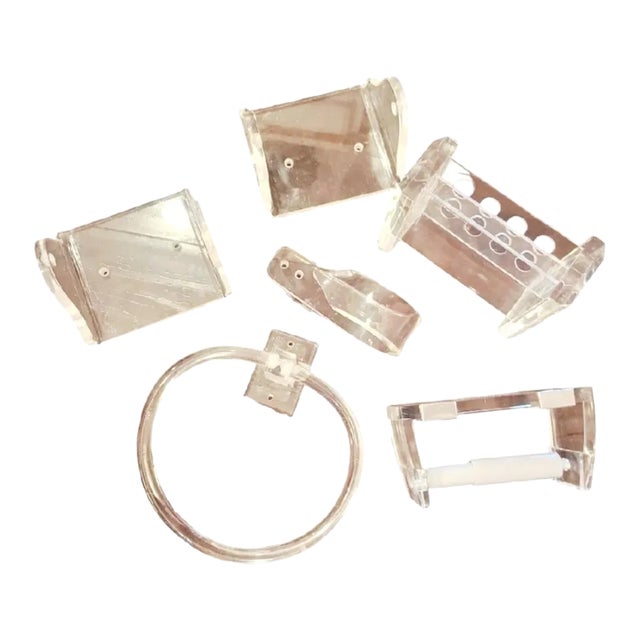 Vintage Lucite Bathroom Set Toilet Paper, Toothbrush, Towel Hook Holder- Set 6 For Sale