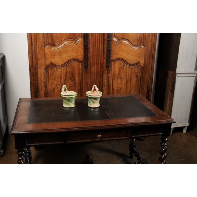 French 19th Century Green and Yellow Glazed Pottery Hanging Planters - A Pair For Sale - Image 4 of 13