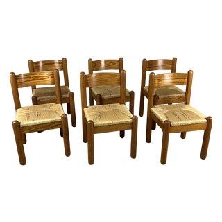 Vintage Oak and Straw Chairs by Charlotte Perriand, 1960s, Set of 6 For Sale