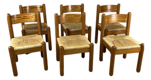 Vintage Oak and Straw Chairs by Charlotte Perriand, 1960s, Set of 6