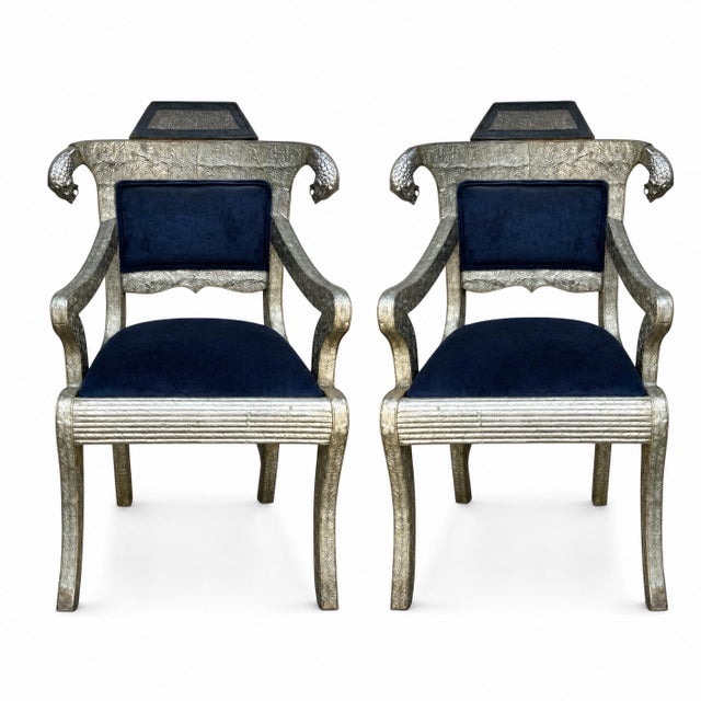 This is a pair of Anglo-Indian Klismos style ceremonial arm chairs. They are somewhat more unusual than most because they...
