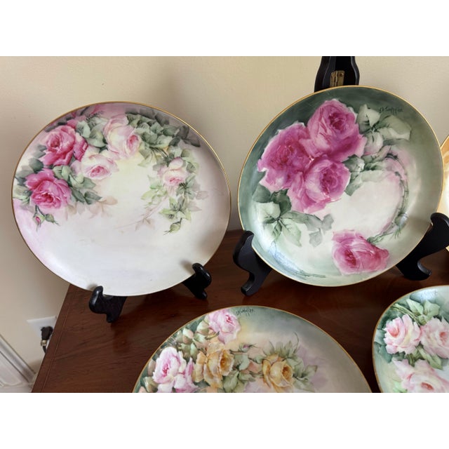 Cream Rare Set of Five Antique Hand-Painted Limoges Rose Cabinet Plates by j.a. Tompkins, C. 1900–1910 For Sale - Image 8 of 12