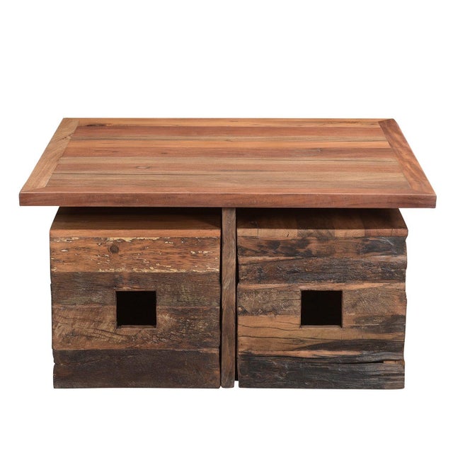 Farmhouse 1990s Solid Wood Square Coffee Table With Pull Out Seating Stools For Sale - Image 3 of 7