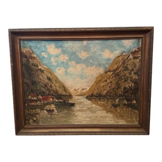 Antique Norwegian Seascape Village Oil Painting on Canvas H Lichtenberger For Sale