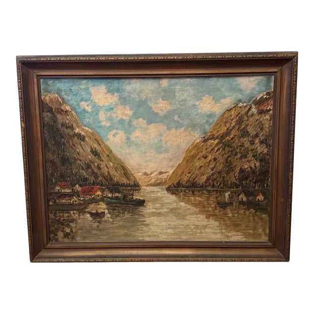 Antique Norwegian Seascape Village Oil Painting on Canvas H Lichtenberger For Sale