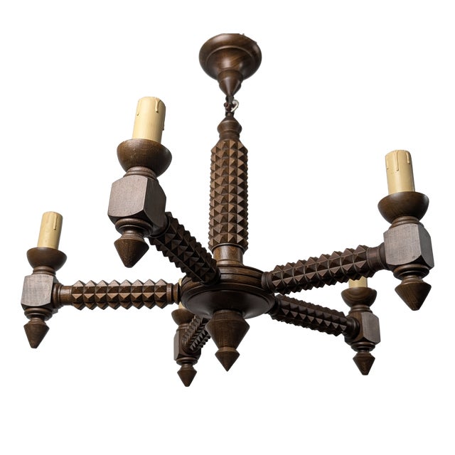 French Brutalist Carved Wood Chandelier by Charles Dudouyt, 1940s For Sale