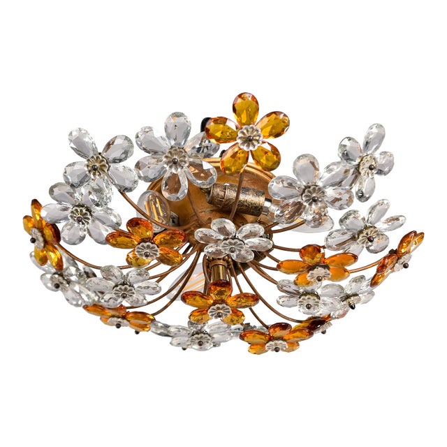 Mid Century Maison Bagues Style Crystal Flower Flush Mount Fixture For Sale