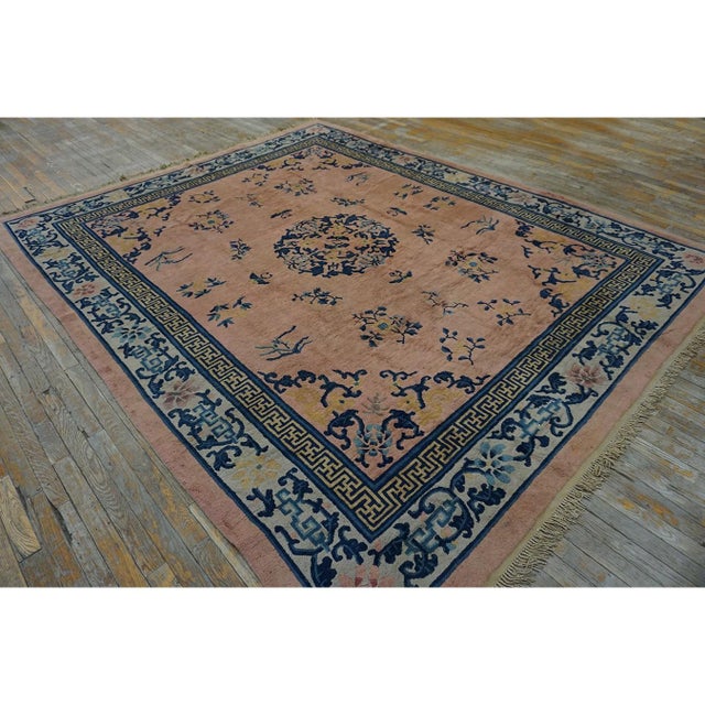Textile 1930s Pink Rose Medallion Oriental Antique Chinese Peking Knotted Rug 8' X 10' For Sale - Image 7 of 8