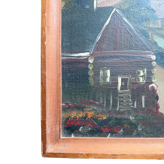 Mid-Century Folk Art Mountain Cabin Landscape Oil Painting in Walnut Frame For Sale - Image 4 of 11