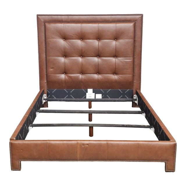 Ethan Allen Tufted Brown Leather Upholstered Queen Size Bed Frame For Sale