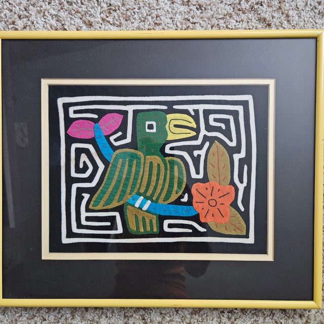 Vintage Kuna Mola Panama Matted Framed Art Work 14x16"