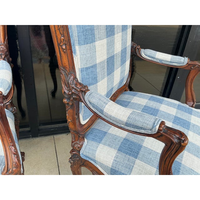 Wood Antique French Louis XV Style Walnut Bergere Chairs in Blue & White - Pair For Sale - Image 7 of 13