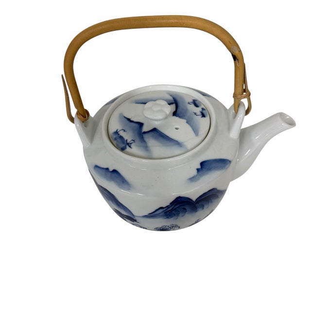 Vintage Hand Painted Blue on White Landscape Japanese Teapot For Sale - Image 4 of 7