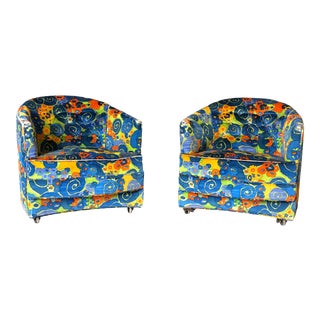 "Jack Lenor Larsen" Velvet Upholstered Midcentury Modern Club Chairs on Casters For Sale