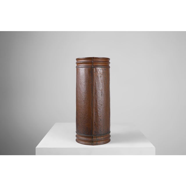 Copper Umbrella Stand with Hammered Relief of Medieval Café, France, 1900s For Sale - Image 9 of 13