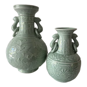 Pair of Chinese Porcelain Celadon Vases With Fixed Ring Handles