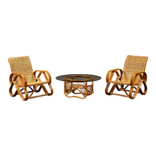 Vintage Bentwood and Rattan Furniture Set After Franco Albini, 3 Pieces For Sale