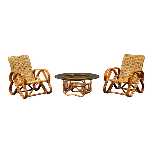 Vintage Bentwood and Rattan Furniture Set After Franco Albini, 3 Pieces For Sale