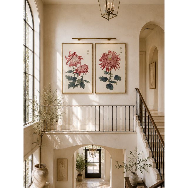 Pink Chrysanthemum Diptych, Vintage Japanese Botanical Art Print (Set of 2), 36" X 54" For Sale In Buffalo - Image 6 of 8