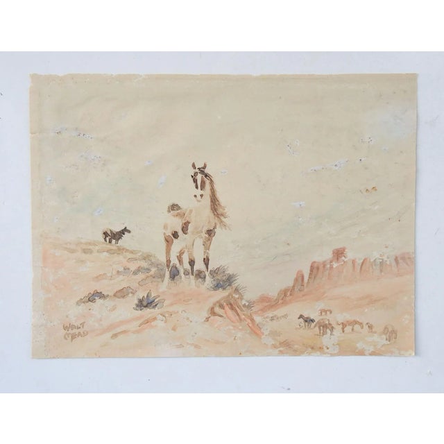Vintage 1930's Distressed Wild Horses Landscape Watercolor Painting For Sale - Image 4 of 6