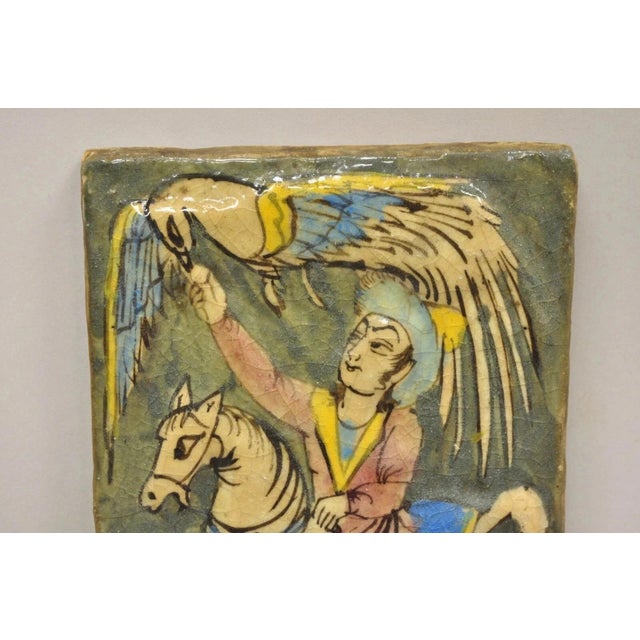 Persian Antique Persian Iznik Qajar Style Ceramic Pottery Green Tile Phoenix Rider C4 B For Sale - Image 3 of 10
