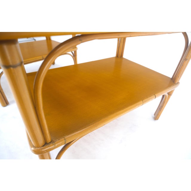 Ficks Reed Pair c1970s Bamboo Rattan Two Tier Rippled Glass Top Rectangle End Side Tables For Sale - Image 4 of 14
