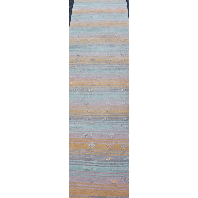 Vintage Turkish Kilim Runner With Blue, Orange, and Soft Lavender Stripes For Sale - Image 9 of 11