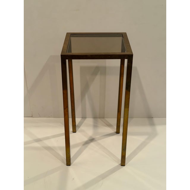Midcentury Modern Tall Aged Brass & Smokey Glass End Tables or Stands -a Pair For Sale - Image 10 of 14