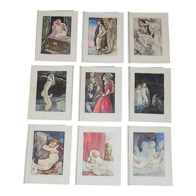 Vintage French Limited Edition Hand Colored Mariette Lydis Engravings - Set of 9 For Sale