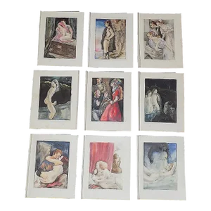 Vintage French Limited Edition Hand Colored Mariette Lydis Engravings - Set of 9