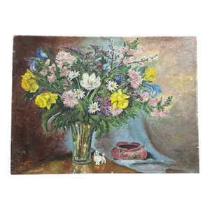 Antique Original Floral Still-Life Oil Painting on Canvas Board