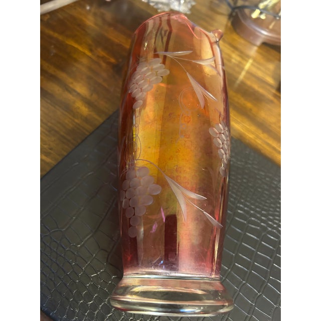 Art Nouveau 1920s Cranberry Glass Etched Wine Pitcher For Sale - Image 3 of 5