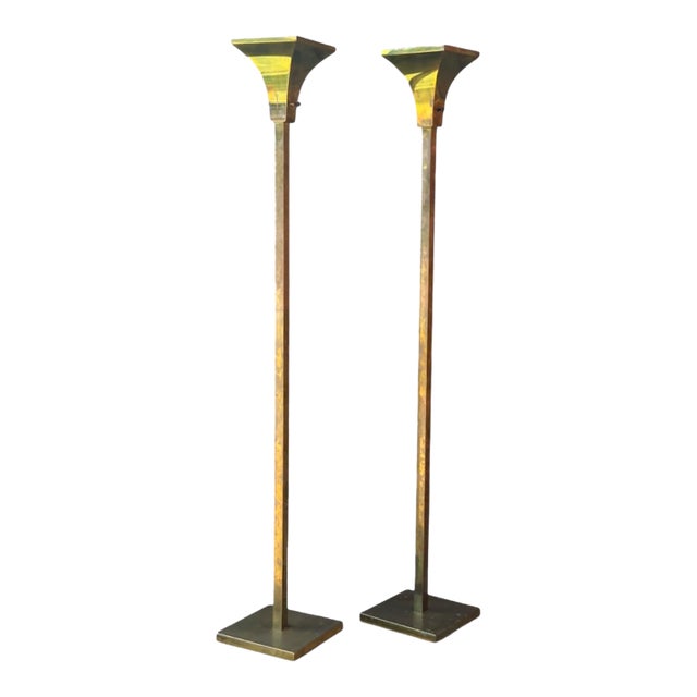 Pair of 1970s Brass Torchieres For Sale